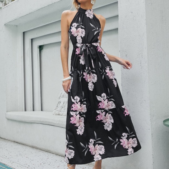 Boho Gypsy Floral Print Halter Ruffle Maxi Dress - Picture 2 of 6